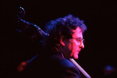 35mm color slide. Brian Bromberg plays bass at the Pepsi International World Jazz Night at the 1992 Lionel Hampton-Chevron Jazz Festival.