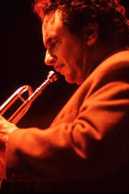 35 mm color slide. Claudio Roditi plays the trumpet at the Pepsi International World Jazz Night at the 1992 Lionel Hampton-Chevron Jazz Festival.