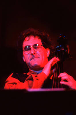 35mm color slide. Brian Bromberg plays bass at the Pepsi International World Jazz Night at the 1992 Lionel Hampton-Chevron Jazz Festival.