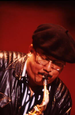 35mm color slide. Paquito D'Rivera plays saxophone at the Pepsi International World Jazz Night at the 1992 Lionel Hampton-Chevron Jazz Festival.