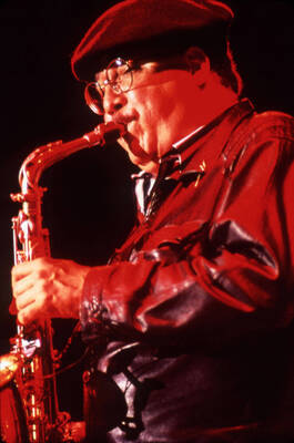 35mm color slide. Paquito D'Rivera plays saxophone at the Pepsi International World Jazz Night at the 1992 Lionel Hampton-Chevron Jazz Festival.