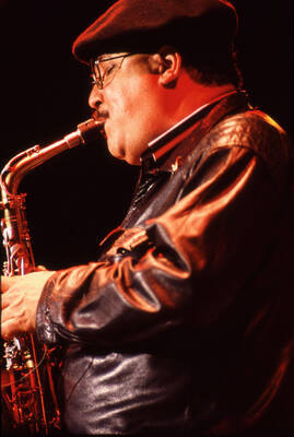 35mm color slide. Paquito D'Rivera plays saxophone at the Pepsi International World Jazz Night at the 1992 Lionel Hampton-Chevron Jazz Festival.