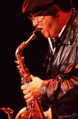 35mm color slide. Paquito D'Rivera plays saxophone at the Pepsi International World Jazz Night at the 1992 Lionel Hampton-Chevron Jazz Festival.