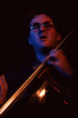 35mm color slide. Brian Bromberg plays bass at the Pepsi International World Jazz Night at the 1992 Lionel Hampton-Chevron Jazz Festival.