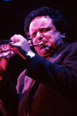 35 mm color slide. Claudio Roditi plays the trumpet at the Pepsi International World Jazz Night at the 1992 Lionel Hampton-Chevron Jazz Festival.