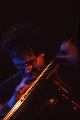 35mm color slide. Brian Bromberg plays bass at the Pepsi International World Jazz Night at the 1992 Lionel Hampton-Chevron Jazz Festival.