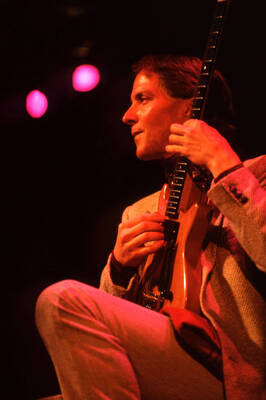 35 mm color slide. John Stowell plays guitar at the Pepsi International World Jazz Night at the 1992 Lionel Hampton-Chevron Jazz Festival.