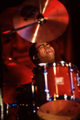 35 mm color slide. Wally "Gator" Watson plays drums at the Pepsi International World Jazz Night at the 1992 Lionel Hampton-Chevron Jazz Festival.