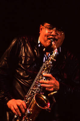 35mm color slide. Paquito D'Rivera plays saxophone at the Pepsi International World Jazz Night at the 1992 Lionel Hampton-Chevron Jazz Festival.