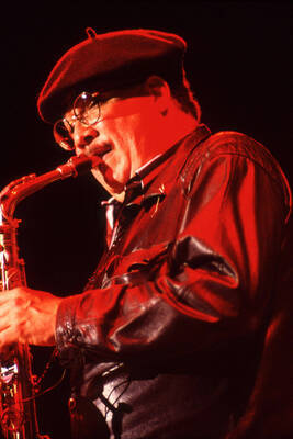 35mm color slide. Paquito D'Rivera plays saxophone at the Pepsi International World Jazz Night at the 1992 Lionel Hampton-Chevron Jazz Festival.