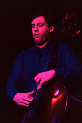 35 mm color slide. David Finck plays bass at the Pepsi International World Jazz Night at the 1992 Lionel Hampton-Chevron Jazz Festival.