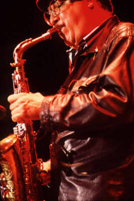 35mm color slide. Paquito D'Rivera plays saxophone at the Pepsi International World Jazz Night at the 1992 Lionel Hampton-Chevron Jazz Festival.
