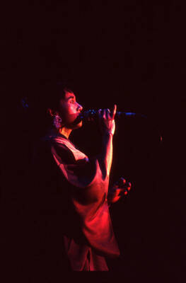 35 mm color slide. Reiko Aoki sings at the Pepsi International World Jazz Night at the 1992 Lionel Hampton-Chevron Jazz Festival wearing a kimono.