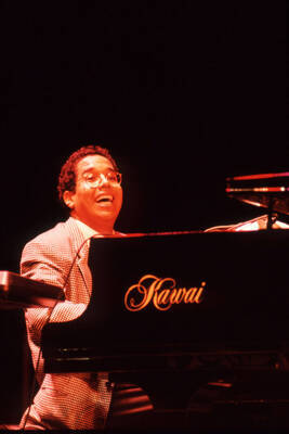 35 mm color slide. Danilo Perez plays the piano at the Pepsi International World Jazz Night at the 1992 Lionel Hampton-Chevron Jazz Festival.