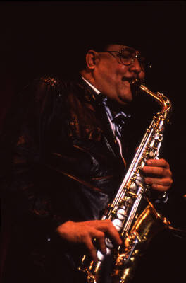 35mm color slide. Paquito D'Rivera plays saxophone at the Pepsi International World Jazz Night at the 1992 Lionel Hampton-Chevron Jazz Festival.