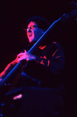 35mm color slide. Brian Bromberg plays bass at the Pepsi International World Jazz Night at the 1992 Lionel Hampton-Chevron Jazz Festival.