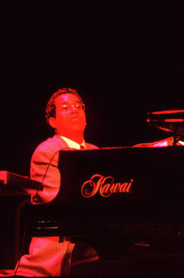 35 mm color slide. Danilo Perez plays the piano at the Pepsi International World Jazz Night at the 1992 Lionel Hampton-Chevron Jazz Festival.