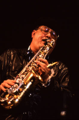 35mm color slide. Paquito D'Rivera plays saxophone at the Pepsi International World Jazz Night at the 1992 Lionel Hampton-Chevron Jazz Festival.