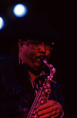 35mm color slide. Paquito D'Rivera plays saxophone at the Pepsi International World Jazz Night at the 1992 Lionel Hampton-Chevron Jazz Festival.