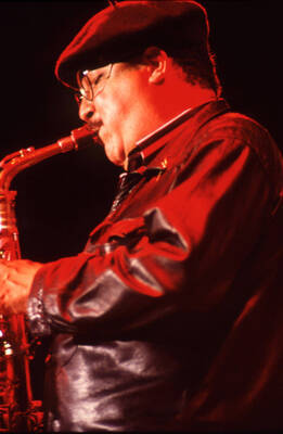 35mm color slide. Paquito D'Rivera plays saxophone at the Pepsi International World Jazz Night at the 1992 Lionel Hampton-Chevron Jazz Festival.