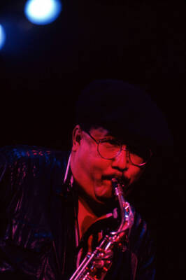 35mm color slide. Paquito D'Rivera plays saxophone at the Pepsi International World Jazz Night at the 1992 Lionel Hampton-Chevron Jazz Festival.