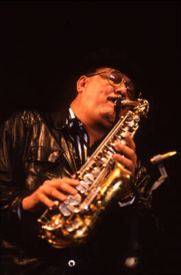 35mm color slide. Paquito D'Rivera plays saxophone at the Pepsi International World Jazz Night at the 1992 Lionel Hampton-Chevron Jazz Festival.