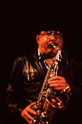 35mm color slide. Paquito D'Rivera plays saxophone at the Pepsi International World Jazz Night at the 1992 Lionel Hampton-Chevron Jazz Festival.