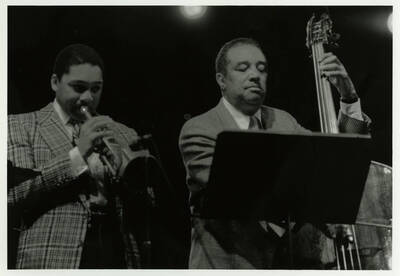 10" x 8" black and white photograph. Wynton Marsalis and Ray Brown playing together at the 1989 Lionel Hampton-Chevron Jazz Festival.