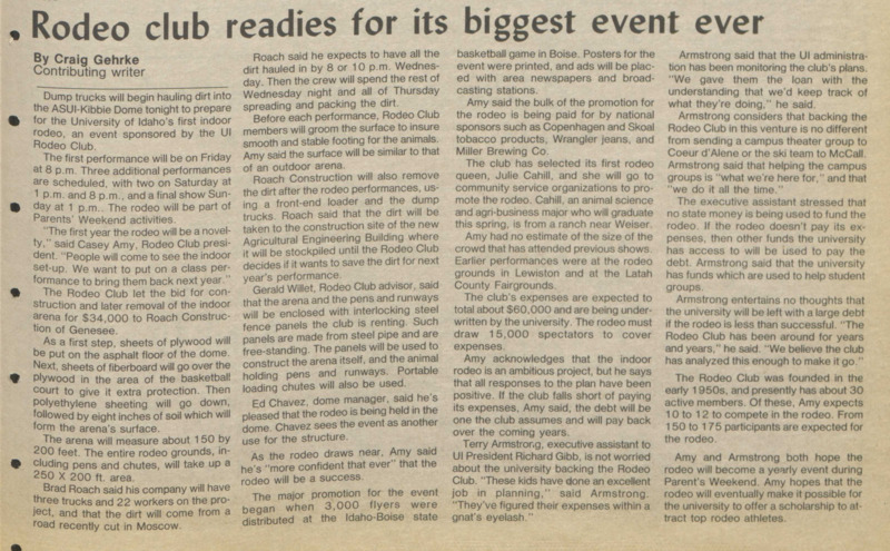 "Rodeo club readies for its biggest event ever". Article by Craig Gerhke for the Argonaut student newspaper, April 12, 1983.