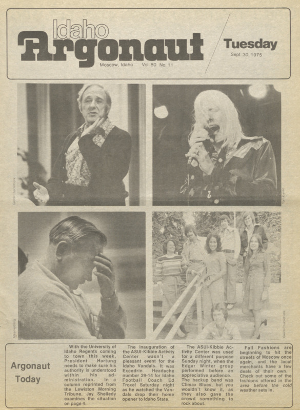 "President Ernest Hartung, Edgar Winter, fall fashions, and Ed Troxel; Crowd rocks and rolls with Winter". September 30, 1975, issue of the Argonaut student newspaper. 2 pages.