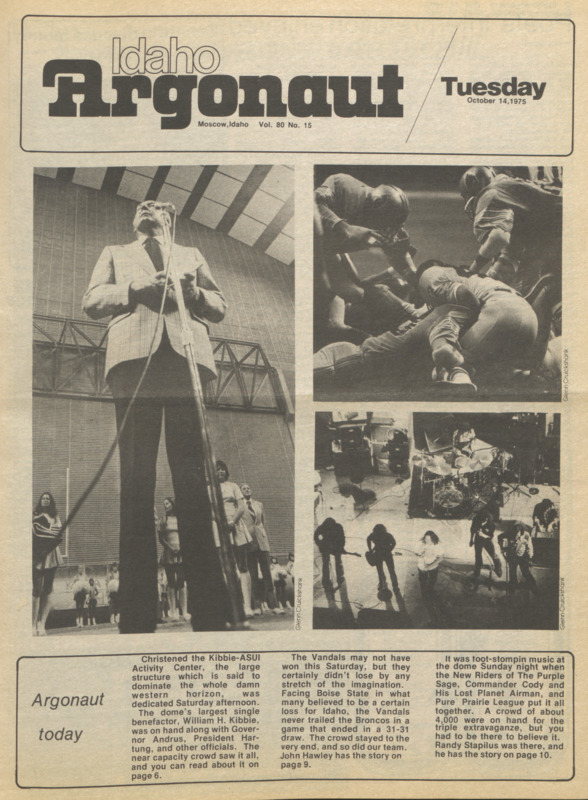 "Governor Cecil Andrus, football game, New Riders of the Purple Sage; Dedicating the Dome". Pages 1 and 6 of the Argonaut student newspaper, October 14, 1975. 2 pages.