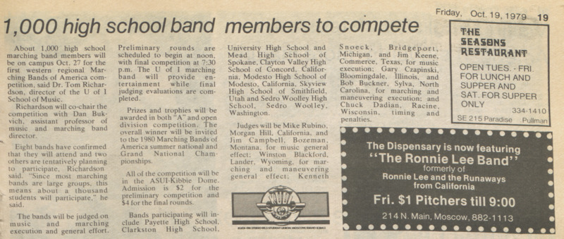 "1,000 high school band members to compete". Article in the Argonaut student newspaper, October 19, 1979.