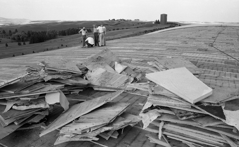 Black and white photograph of a group of people standing on the arched roof of a building. In the foreground is a pile of wood scraps. In the background are rolling hills, trees, and a grain silo.