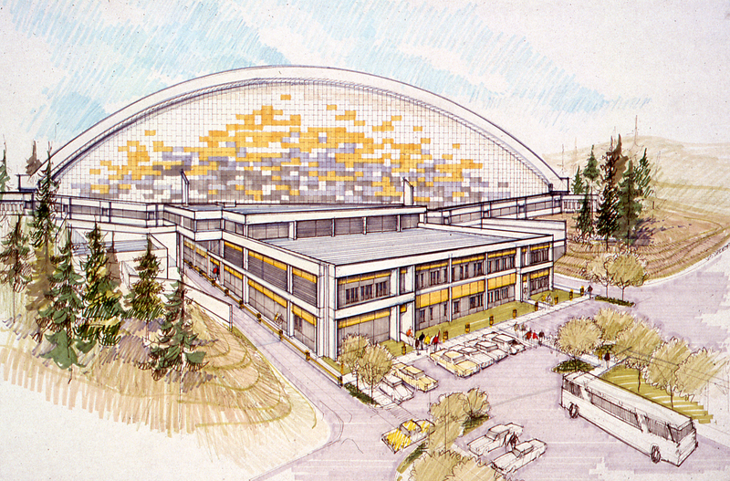 Color architectural drawing of a building with an arched roof, in front of which is a rectangular two-story addition. Surrounding the building are trees and vehicles.