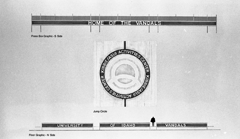 Black and white depiction of art and signage for a basketball court.