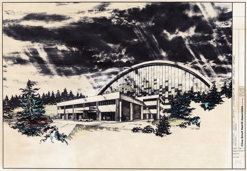 Black and white drawing with some color details. Drawing depicts a squat building attached to a larger building with an arched roof. Trees and vehicles surround the buildings.