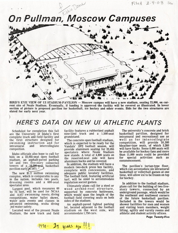 "On Pullman, Moscow Campuses". Article outlining plans for athletics facilities on the University of Idaho campus in Moscow, 1970.