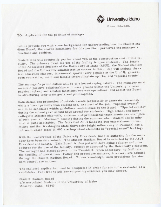 To: Applicants for the position of manager. Letter from the Student Stadium Board.