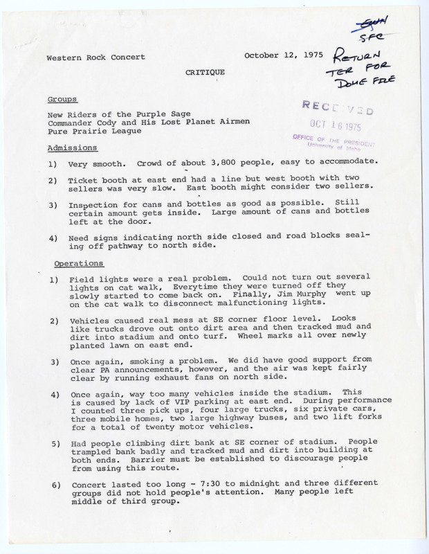 Western Rock Concert Critique. Memo outlining how a concert in the Kibbie Dome went from a facilities operation perspective. 2 pages.
