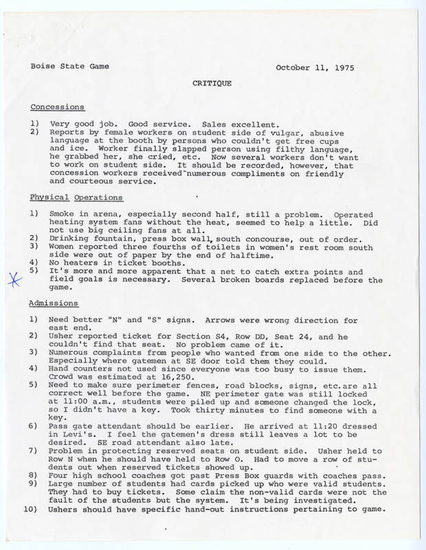 Memo detailing how the October 1975 University of Idaho vs. Boise State University football game went from a facility operations perspective. 2 pages.