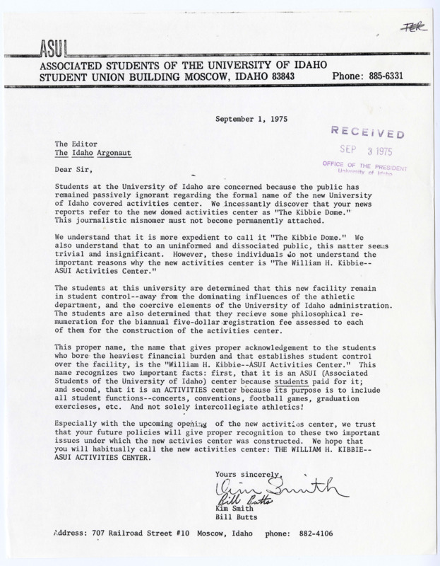 ASUI letter to the Argonaut regarding dome name, expressing concern that overuse of the term "The Kibbie Dome" failed to acknowledge the ASUI's role in funding and supporting the building.