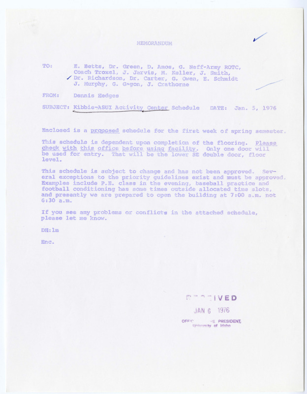 Memo outlining the Kibbie-ASUI Activity Center schedule for the first week of spring semester 1976. 3 pages.
