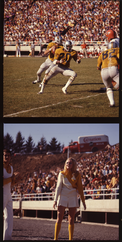Two color photographs, vertically stacked. The top photo shows four football players on a football field, stands crowded with spectators in the background. The bottom photograph shows male and female cheerleaders standing in front of stands crowded with spectators. A red and white Carnation brand truck is parked atop a hillside beyond.