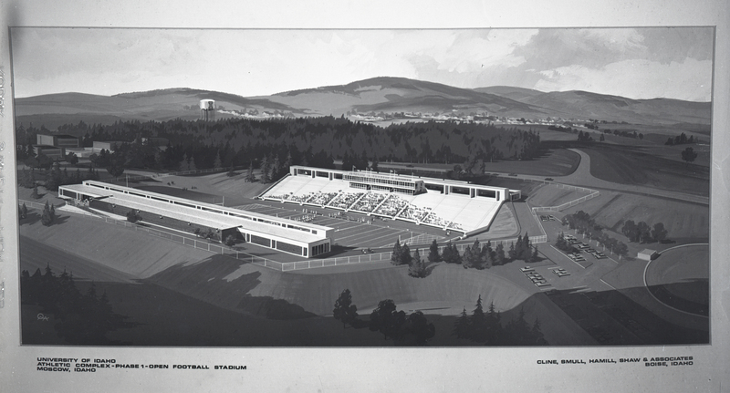 Black and white architectural drawing of an open air stadium surrounded by trees and rolling hills.