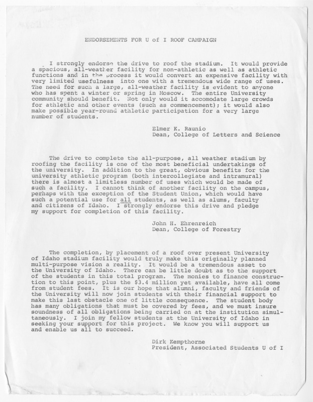 Endorsements for U of I roof campaign from Elmer K. Raunio, John H. Ehrenreich, and Dirk Kempthorne.