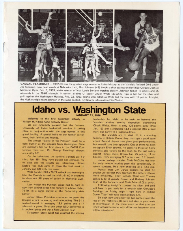 Idaho vs. Washington State "cage opener" basketball game booklet. January 21, 1976. 7 pages.