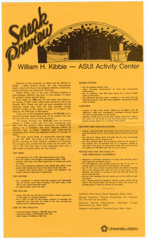 Sneak Preview, William H. Kibbie-ASUI Activity Center flyer