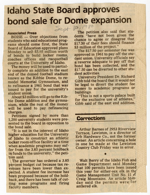 "Idaho State Board approves bond sale for Dome expansion". Article by the Associated Press, September 30, 1980.