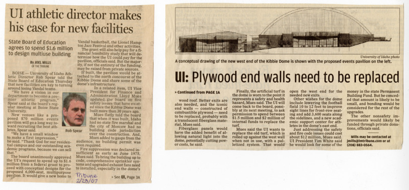 "UI athletic director makes his case for new facilities". Article by Joel Mills for the Lewiston Tribune, February 23, 2007.