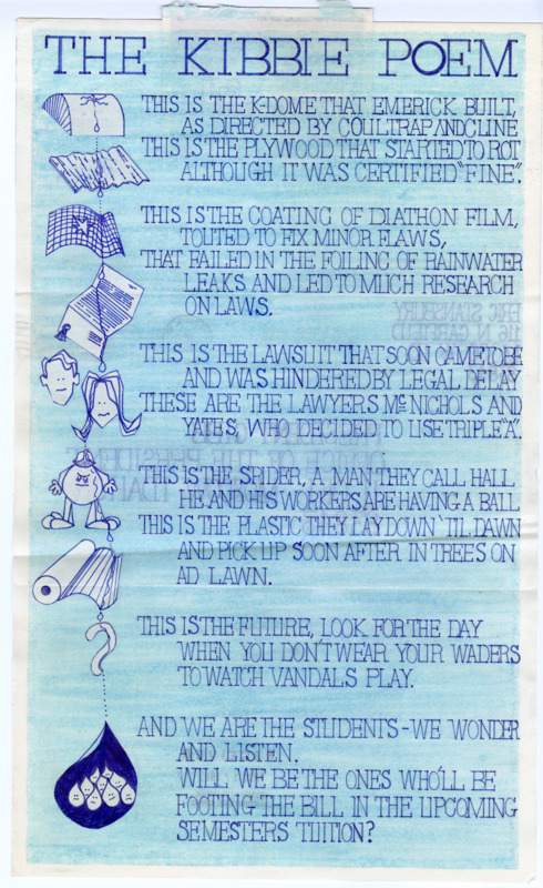 Eric Stansbury letter to President Richard Gibb re: Kibbie Dome. A humorous poem outlining various problems and controversies associated with the Kibbie Dome. 2 pages.